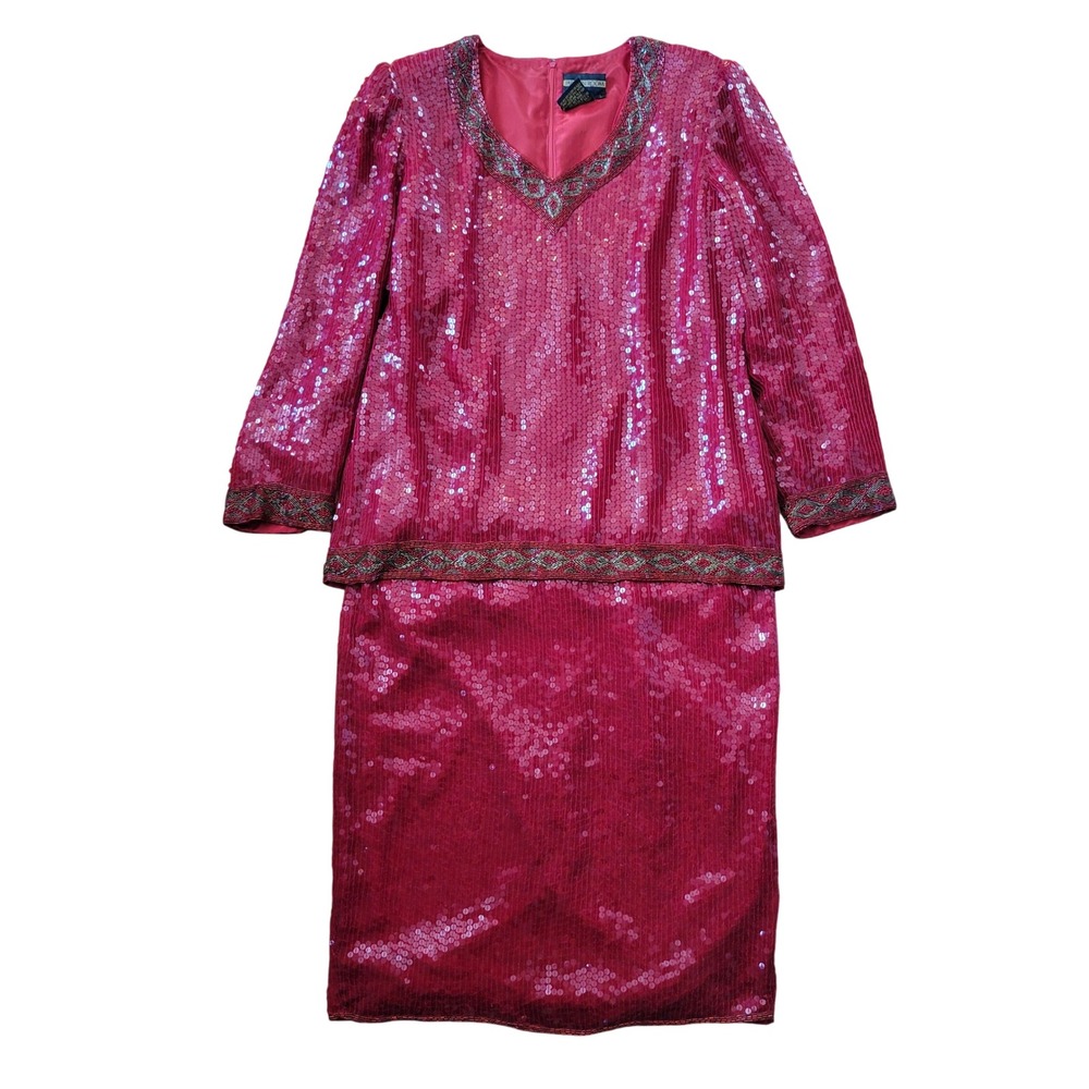 Vintage Parisian Room Red Silk Sequin Beaded 2 Piece Skirt Set Top L Glam Bling